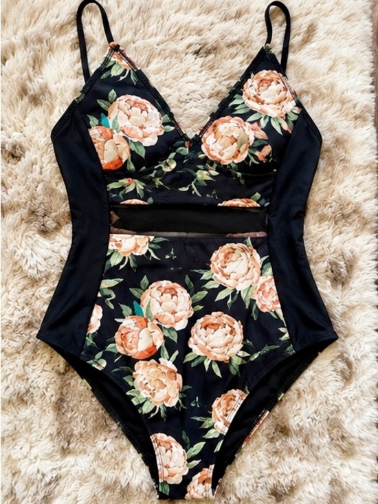 Cupshe Other - Cupshe Black Floral One Piece Swimsuit Cutout Size S